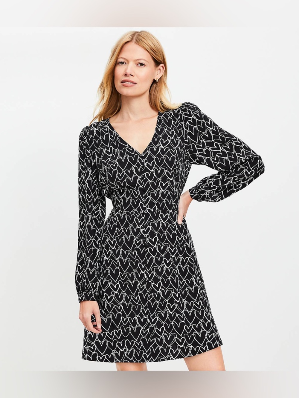 EUC LOFT Black Dress White Heart Print Long Sleeve Short Skirt w/ Buttons Sz 2